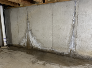 Foundation wall in a southeastern Wisconsin basement showing early water intrusion and seepage